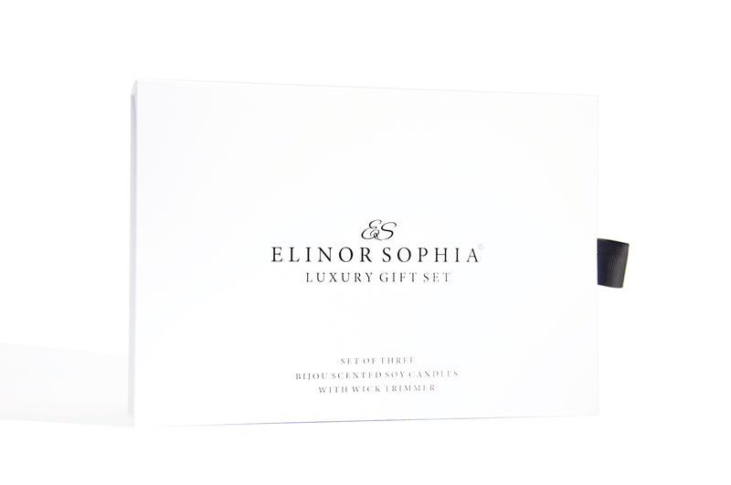Elinor Sophia Luxury Gift Set | Set Of Three Bijou Scented Soy Candles & Candle Trimmer | Copyright Elinor Sophia 2021