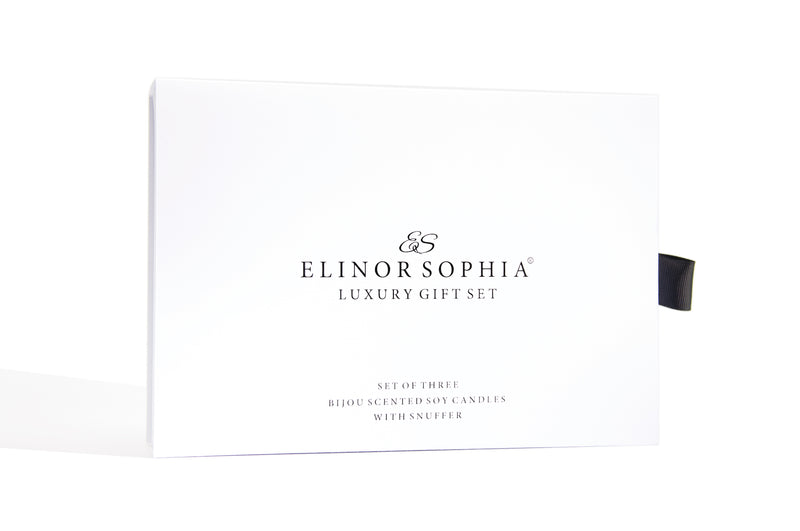 Elinor Sophia Luxury Gift Set | Set Of Three Bijou Scented Soy Candles & Candle Snuffer | Copyright Elinor Sophia 2021