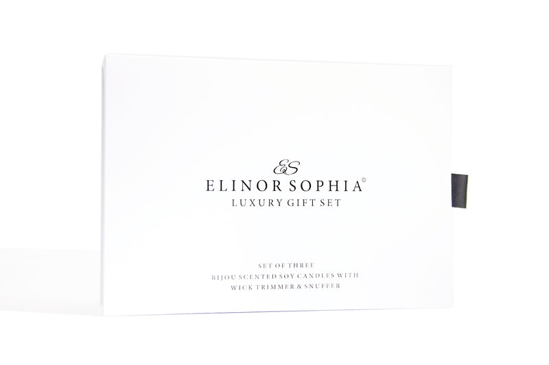 Elinor Sophia Luxury Gift Set | Set Of Three Bijou Scented Soy Candles with Wick Trimmer & Candle Snuffer | Copyright Elinor Sophia 2021