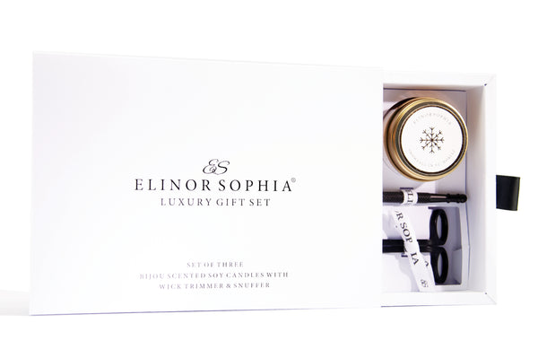 Elinor Sophia Luxury Gift Set | Set Of Three Bijou Scented Soy Candles with Wick Trimmer & Candle Snuffer | Copyright Elinor Sophia 2021
