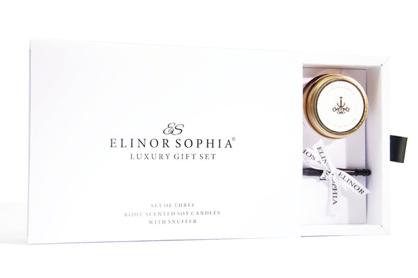 Elinor Sophia Luxury Gift Set | Set Of Three Bijou Scented Soy Candles & Candle Snuffer | Copyright Elinor Sophia 2021